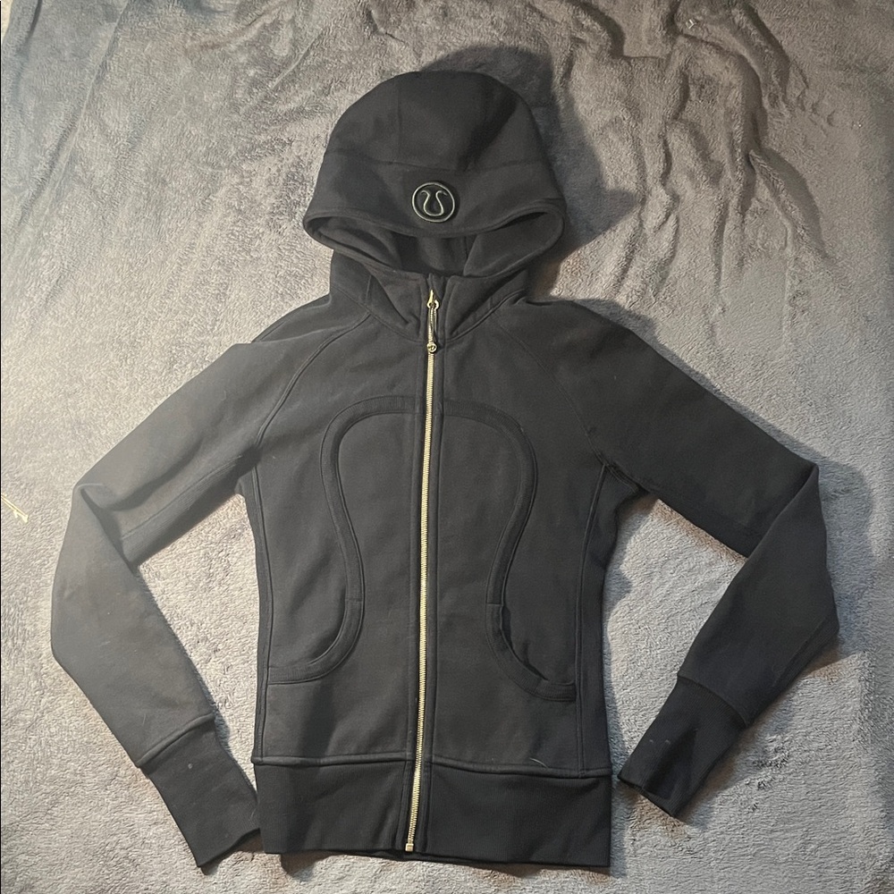 Lululemon black scuba zip-up hoodie with gold zipper